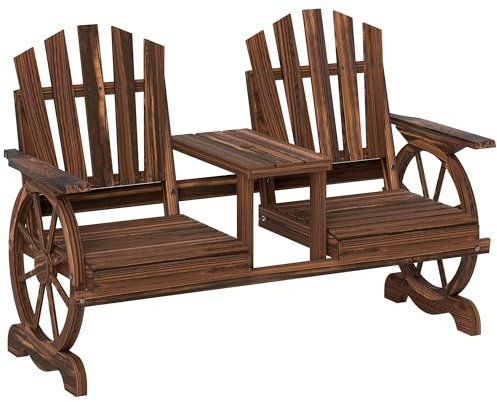 Outsunny 2-Sitzer Gartenbank Holz, wetterfest Sitzbank, Gartenmöbel mit Schirmloch, Beine im Wagenradform, Tisch Parkbank 120kg belastbar, Balkonbank, Holzbank für Balkon Garten 154x65x102 cm Verkohlt