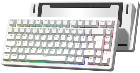 LQXQ SK75 75% Aluminium Wireless Mechanical Tastatur ISO DE Layout, 3-Modes | Pre-lubed POM Switches RGB, BT5.0/2.4G/USB-C, Hot Swappable. mit Dichtung, Weiß