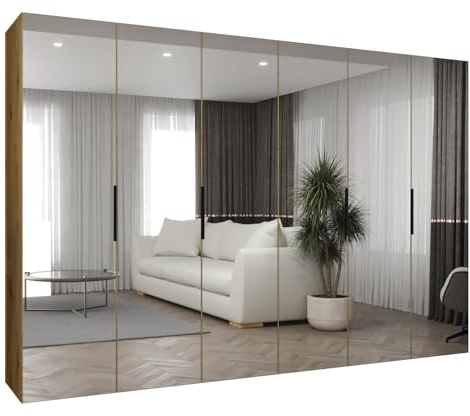 MEBLE KRYSPOL - Kleiderschrank mit Spiegel - Drehtürenschrank - Schrank 300x202x52cm - Garderobenschrank Schlafzimmer, Flur, Jugendzimmer - Farbe Artisan Eiche, Griff Schwarz - Marbella 3 300