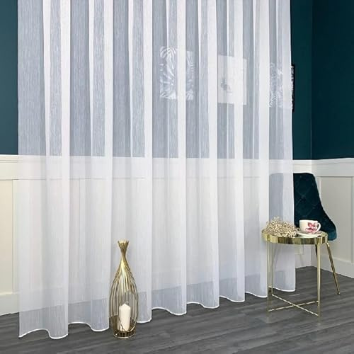 Gardinen Vorhangen Weiß Jacquard 300x160 cm (BxH) Modell Marilleva Kurze Lange Gardine Kräuselband Fensterdekoration Dekostoff Transparent
