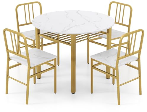 COSTWAY 5 Piece Dining Table Set, Round Kitchen Table and 4 Chairs with Storage Rack, Space-saving Metal Frame Counter Dinette Furniture for Dining Room, Breakfast Nook, Apartment (White + Gold)