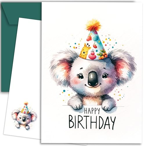 E&G Klasse Tier Aqaurell Geburtstagskarte Glückwunschkarte Postkarte mit Grünem Umschlag Süßen Tieren mit Happy Birthday bedruckt (Koala (Hoch))