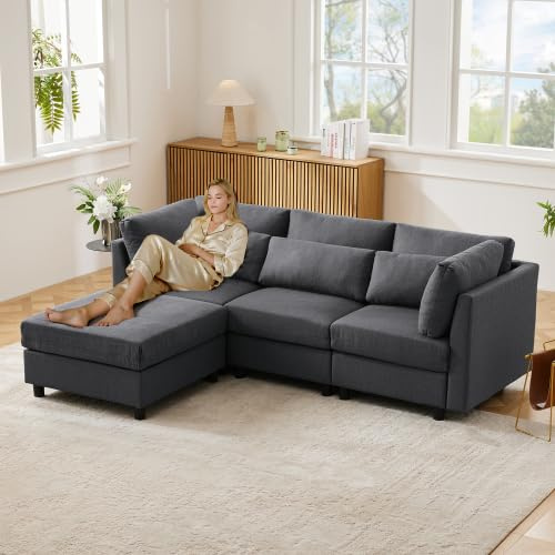 Merax Modernes Dreisitzer-Schlafsofa – Multifunktionales Sofa mit Schlaffunktion, L-förmiges Ecksofa mit Fußhocker, Baumwoll-Leinenstoff, 5 Kissen, für Wohnzimmer, Schlafzimmer und Gästezimmer