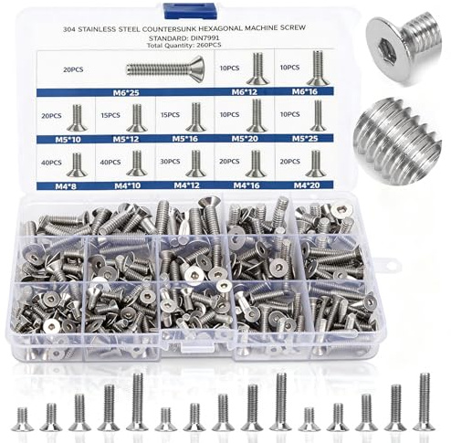 Vis à Tête Fraisée Inox 260 Pièces, Kit de Vis M4 M5 M6 | Assortiment de vis métriques en acier inoxydable 304, tête plate fraisée, pour électronique, machines et assemblage