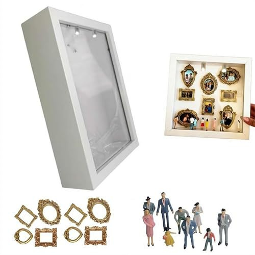 DIY Mini Museum Silhouette Box mit Licht, 25×25 cm Shadow Box Bilderrahmen Set mit goldenen Mini-Bilderrahmen & Figuren,Kreative Erinnerungsvitrine, für Hochzeit,Jubiläum,Geburtstag&Wohndeko (Weiß)