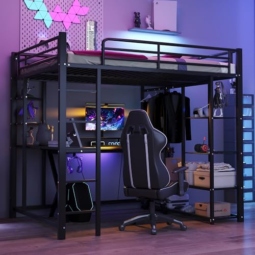 vutizal Metall Hochbett 140x200, Mit Schreibtisch und Schrank – Multifunktions Doppelbett/Großbett, Stauraum Optimiert, Schwarz, Belastbar 120 kg