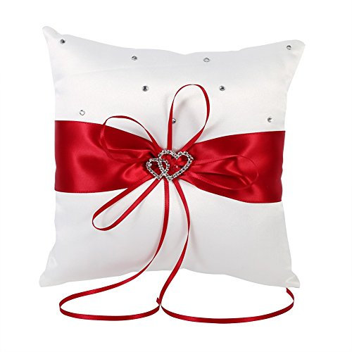 Yosoo 20cm × 20cm Nuptiale Bague de Poche de Mariage Coussin Coussin Porte- avec Double Coeurs Décoration, Ivoire Blanc/Rouge/Bleu/Violet (Couleur : Rouge)