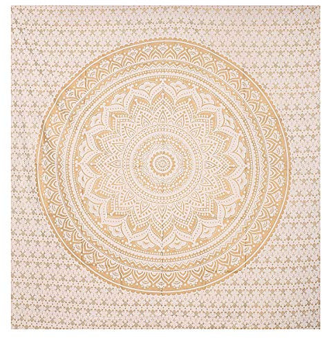 THE ART BOX Indie Wandteppich Baumwolle Mandala Wandbehang Deko Teppich Aesthetic Room Decor Dekoration Wandtuch/Strandtuch Wohnzimmer Indische Tücher Schlafzimmer, Gold und Weiß, 135x210 Cm
