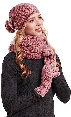 Hilltop Winter Kombi Set aus Winter Schal, passender Strickmütze und Handschuhe, 3-tlg., Farbe:Altrosa mit Handschuhen