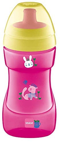 MAM Sportbecher, 330 ml, trendiger auslaufsicherer Becher für 12+ Monate, Babybecher-Flasche mit freiem Durchfluss, Kleinkindbecher, Rosa (Designs können variieren)