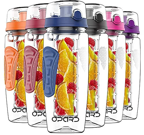 Opard Trinkflasche 1L(946ml) mit Früchtebehälter Tritan BPA-frei Wasserflasche 1L mit Reinigungsbürste Sports Water Bottle Flasche für Büro, Yoga, Sport, Outdoor