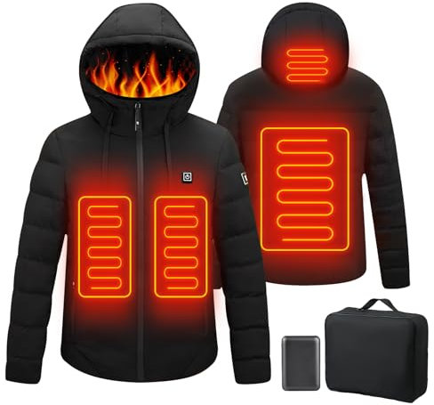 Qdreclod Veste Chauffante à Capuche,Veste Chaude avec 3 Niveaux de Chauffage,Hommes Femmes Hiver Manteaux Imperméable Coupe-Vent en extérieur Ski,Noir