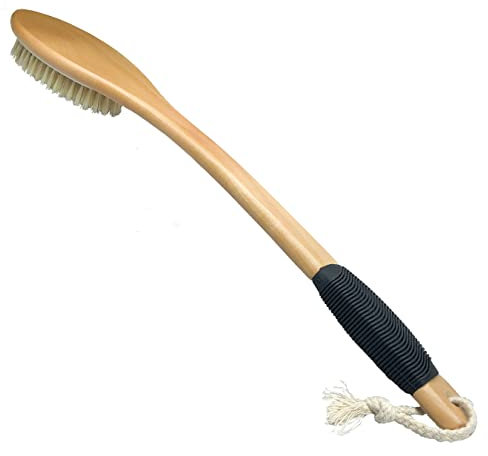 OWIIZI Bath Brush Wooden Curved Long Handle Antiskid Shower Brush for Exfoliating, Natural Bristle Scrubber for Back Use Wet or Dry
