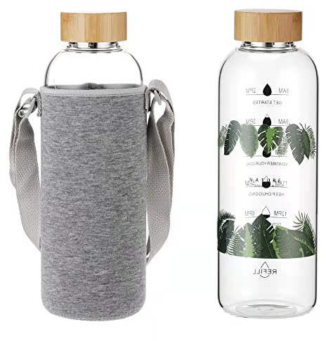 Glass Water Bottle 64 oz with Time Markers Wide Mouth, Motivational Water Bottle 2 Liter with Bamboo Lid Neoprene Sleeve Carrier Bpa Free