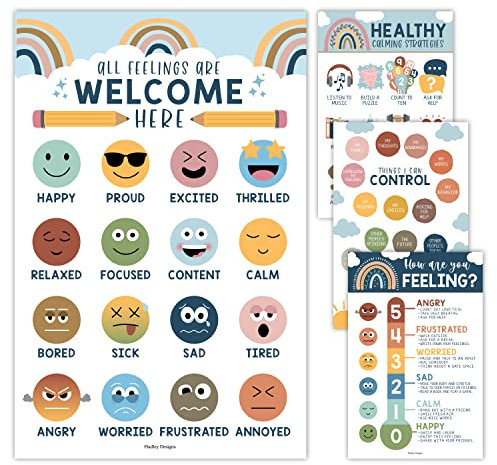 4 Boho-Gefühle-Tabelle für Kinder, Emotions-Poster für Kinder, Emotions-Poster für Kleinkinder, Emotions-Poster für Klassenzimmer, soziale emotionale Lernposter für Wand, Schulberater, Bürodekoration