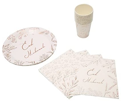 Eid Mubarak Paper Plates Cups Napkins Party Tableware Set 10 Pack - Disposable Cutlery Supplies (Rose Gold with Metallic Foil (10 Pack) - Plates + Cups + Napkins)