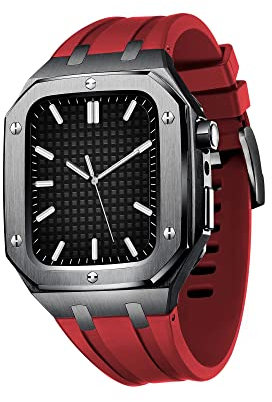 CZKE Para Apple Watch 44/45mm Mod Kit Accesorios, Correa de Silicona de Repuesto Compatible con IWatch SE/4/5/6/7 Series Black Case (Color : Black Red, Size : 44MM FOR 6/5/4/SE)