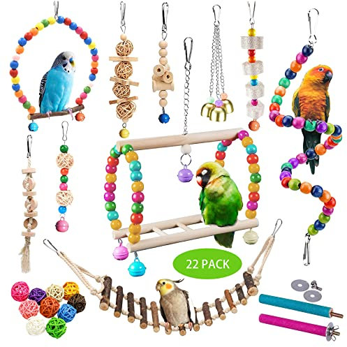 Sysmashing 22 Packungen Vogelsittiche Nymphensittiche Spielzeug, Papageienschaukel Kauen Hängendes Spielzeug mit sicheren Glocken, Vogelkäfig, natürliches Holzleiter, Bungee-Spielzeug