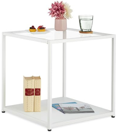 Relaxdays Beistelltisch Quader, 2 Ablagen, HxBxT: 50 x 50 x 50 cm, Glasplatte, Metallrahmen, Wohnzimmer Couchtisch, weiß
