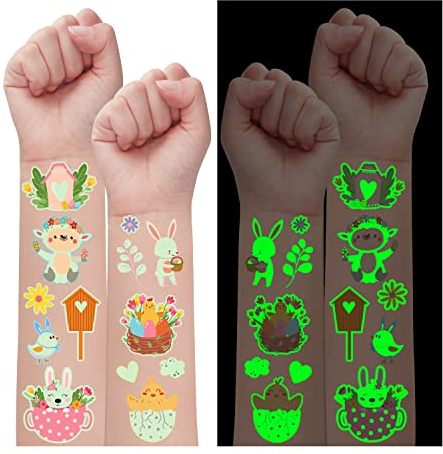 Leesgel Leuchtende Ostern Tattoos Geschenke für Kinder, 100-Stile leuchtende temporäre Tattoos für Ostern Dekorationen, Ostern Aufkleber Korb Taschen Füller für Osterei Jagd Spiele Handwerk Party Deko