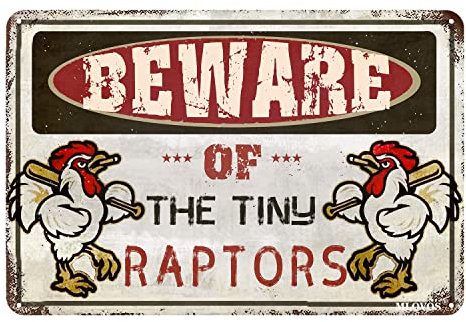 Metallschild Beware Tiny Raptors Schild Lustiges Huhn Warnschild für Bauernhof Hühnerstall Haus Hof Zaun Garage Höhle Wand Lustige Dekoration Retro Blechschild 20,3 x 30,5 cm