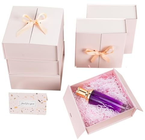 CHARMGIFTBOX Rosa Geschenkbox Geburtstag, 22 x 21 x 6,5cm, 6 Stück Geschenkbox mit Deckel und Premium-Band zum Verpacken von Hochzeiten und Geburtstagsgeschenken, Karton mit Doppeltür-Design