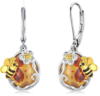 Hypoallergen Biene Ohrringe Sterling Silber Bernstein Teardrop Leverback Ohrringe Honig Biene Drop & Dangle Ohrringe Bienenschmuck Geschenke für Frauen Mädchen