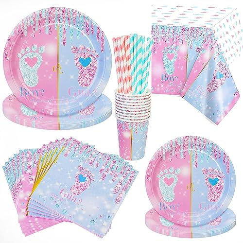 PHOGARY Vaisselle Baby Gender Reveal Party Decoration, 81pcs Kitde Vaisselle Baby Shower Decoration Mixte pour 16 Guests, Boy Or Girl Plates Tablecloth, Bleu et Rose Décoration Bébé Révélation Genre,B