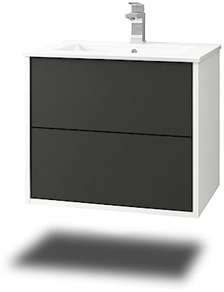 Stil.Zeit Evelia Badmöbel inkl. Waschbecken | Waschtisch mit Unterschrank 60.5 cm | Weiß/Anthrazit | Push-to-Open/hängend