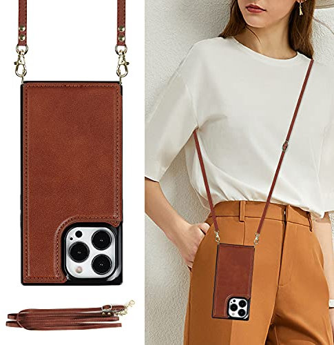UEEBAI Crossbody Wallet Case for iPhone 14 Pro Max 6.7 inch, Kickstand with Adjustable Removable Lanyard Neck Strap Case Card Holder Shockproof Cover Magnetic Clasp Cover Flip Case -Brown