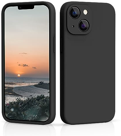 CALOOP Slim-Fit for iPhone 13,Sturdy Shockproof Hard Frame Cover with Anti-Scratch Microfiber Lining,Skin Soft Liquid Silicone,Full Protection for Screen and Camera Lens(Black)