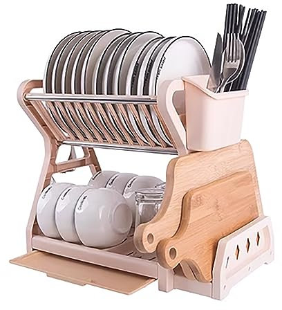 LONONE Escurreplatos pequeños para mostrador de Cocina con escurridor, escurridor Compacto para Platos Debajo del Armario, Organizador de escurridor, Estante de Secado de Platos de 2 Niveles,Rosado