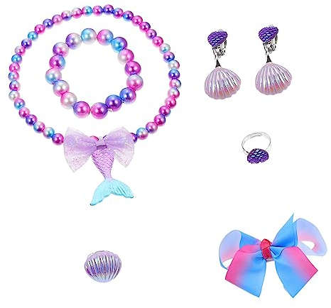 Amosfun 1 Satz Meerjungfrau Schmuck -geburtstagsfeierbevorzugung Süßes Mädchen Stretch-Armband Mädchen Ring Armband Ohrring Spielkleid Ohrclips Plastik Kind Haarnadel Krawatte Violett