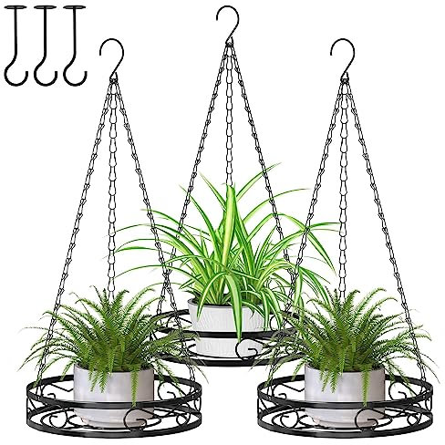 Bomclap Lot de 3 pots de fleurs suspendus en métal - Pour l'intérieur - Avec crochet de plafond et chaîne de suspension - Noir