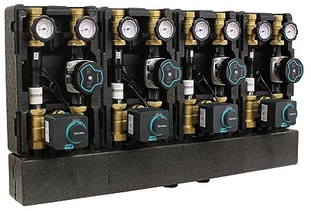 ENVIRON- 4er Modulverteilergruppe 4 Pumpengruppen auf Verteilerbalken [gemischt/ungemischt wählbar] | 3 Wege Mischer Stellmotor DN25 Umwälzpumpe Heizung (3x gemischt 1x ungemischt | Pumpe 180mm)