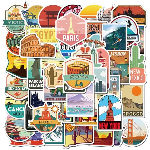 Aesthetic Sticker Set,50 Stück Reise Städte Aufkleber,Wasserfeste Vintage Aufkleber,Vinyl Graffiti Sticker für Kinder Teen Koffer Laptop Telefon Gitarre Motorrad Fahrrad Helm Skateboard Deko Sticker