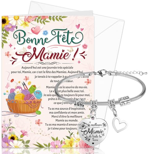 DPKOW Mamie Bracelet Carte avec Enveloppe, Cadeau Mamie Grand-Mère, Bonne Fête Mamie Carte de Vœux Bracelet Fête des Grand-Mère Cadeau Carte pour Fête des Mamie Mères, Meilleure Mamie Je t'Aime