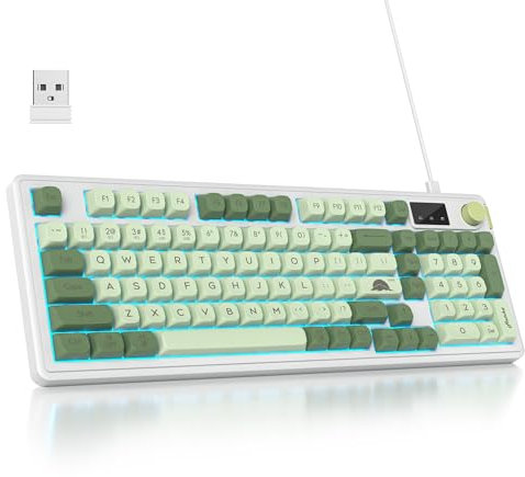 Owpkeenthy Clavier vert matcha 96 % sans fil avec bouton de pavé numérique, membrane mécanique silencieuse, 98 touches, clavier de jeu crémeux, 3 modes filaire/Bluetooth 5.0/2,4 G pour Windows/Mac (98