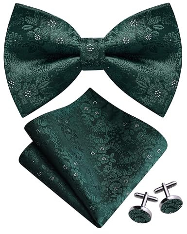 Gusleson Dark Green Bow Tie and Pocket Square Set for Men Hunter Green Floral Pre-Tied Bowties Cufflinks for Wedding (UK0493-34)