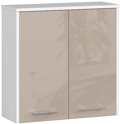 3E 3xE living.com Hängender Badezimmerschrank: Zwei Türen, Zwei Einlegeböden, Farbe: weiß | Cappuccino-Glanz, A: B: 60 cm, H: 60 cm, T: 22,5 cm.