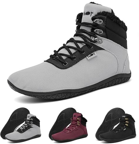 Geweo Barfuss Schuhe Damen Herren für Frühling Barfußschuhe mit Warme Gefüttert Leicht Bequem Barfuß Sportschuhe mit Breite Zehenbox Stiefeletten ZeroDrop Solhe Minimalist Sneaker Unisex Grau 40EU