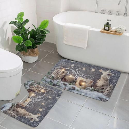 AELKSP Badezimmerteppich Set 2 Teilig,Weihnachtswand aus Holz, Geschenke, Ornamente, Kerze, Wurlaub, Mehrfarbig,rutschfest Waschbar Badvorleger Set,Saugfähig Badematte Badteppich Set mit