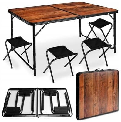 QLS Klapptisch mit 4 Stühlen Set Klappbar 120x60 cm Tragegriff Höhenverstellung Campingtisch