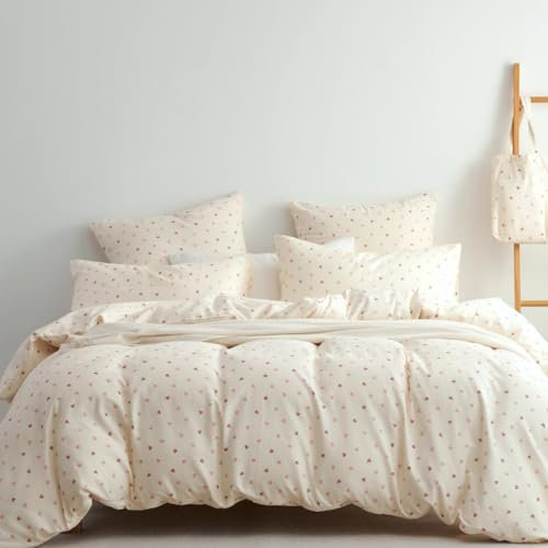 Lanqinglv Doppelte Musselin Bettwäsche 135x200 4 Teilig Baumwolle Leinen,ÖKO-TEX Bettwäsche Rosa Weiß Herzen mit Reißverschluss,2 Bettbezug mit Reißverschluss und 2 Kissenbezug 80x80cm