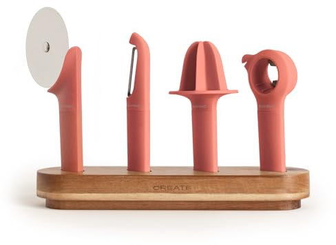 CREATE/Pack de 4 utensilios de cocina terracota/Soporte de madera, pelador de fruta y verdura, exprimidor, cortador de pizza, abridor multifunción, apto para lavavajillas