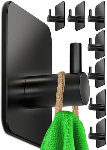 Menz Handtuchhalter ohne Bohren, 8 Haken im Set, schwarz – Wasserfeste Klebehaken, Edelstahl Handtuchhaken für Bad, hochwertige Haken selbstklebend, Badezimmer Handtuchhalter mit hoher Tragkraft
