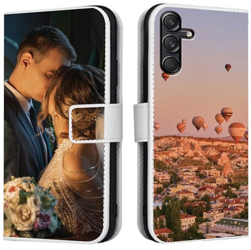 CAXKJE Lederhülle für Samsung Galaxy A16 Personalisierte Handy Hülle,mit Eigenem Foto Bild Text Individuelle Schutzhülle,Leder Flip Case Schutzhülle Stoßfest Hülle -SAMHD-White