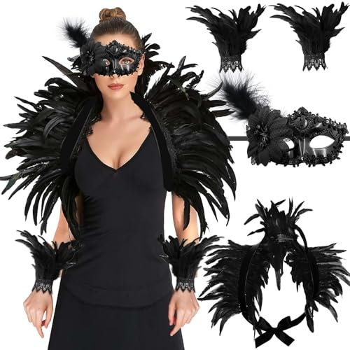 Huahuanghui Federkragen Schwarz Set, mit Feder Handschuhe Schwarz und Gothic Federmaske, Damen Feder Manschetten, Gothic Federn, Schwarze Federn Kostüm, zum Halloween Karneval Masquerade Cosplay