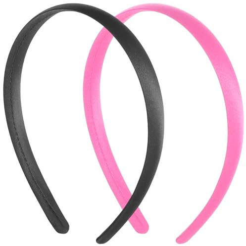 2 Stück Satin-Haarbänder Breit Haarreifen Einfarbige Stirnbänder für Damen Rutschfest Haarschmuck für Frauen Mädchen Make-up-Entfernung Halloween Karneval (Schwarz+Rosa, Breite 1.5 cm)