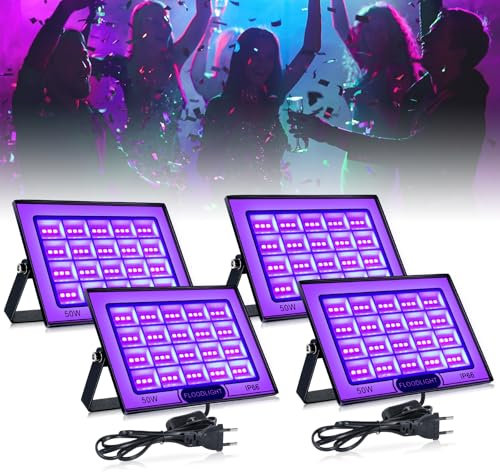 BOWEICORE Projecteur Lumiere Noire 50W 4 pièces, LED Lumière Noire Étanches IP66, 395-400nm Lumiere UV pour Soiree Fluo, Disco DJ, Fête, Halloween, Noël, Peinture Corporelle, Aquariums